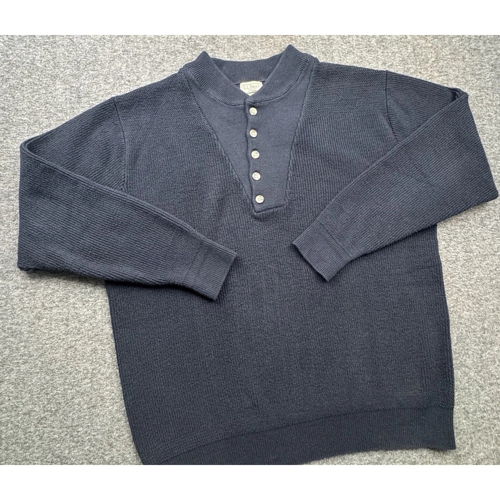 LL Bean Henley Sweater Mens‎ Sz XL Blue Pullover Waffle Cotton Blend